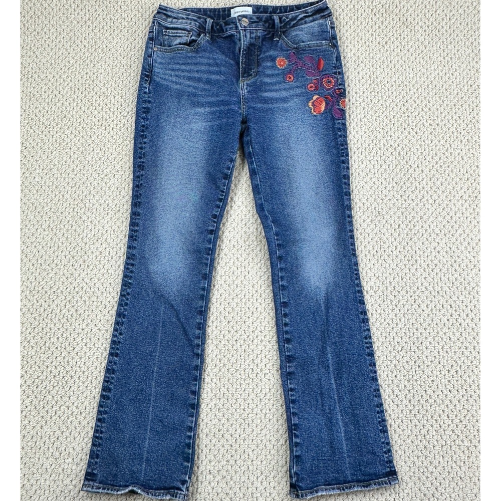 Driftwood Jeans Women 28 Blue Kelly Embroidered Floral Whiskered Bootcut Stretch